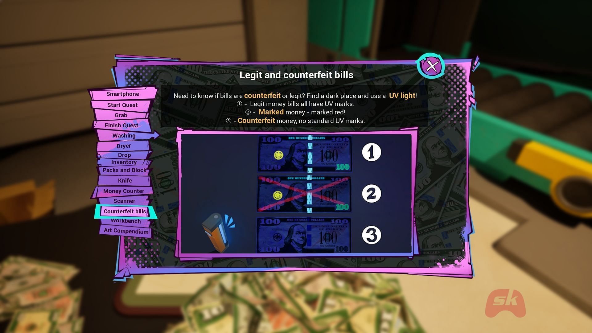 The game explains how to identify marked bills (Image via Forklift Entertainment || Digital Pajamas)